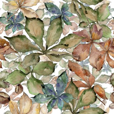 Kestane sonbahar yaprakları. Yaprak bitki botanik bahçe çiçek yaprakları. Sorunsuz arka plan deseni. Aquarelle yaprak için arka plan, doku, sarıcı desen, çerçeve veya kenarlık.