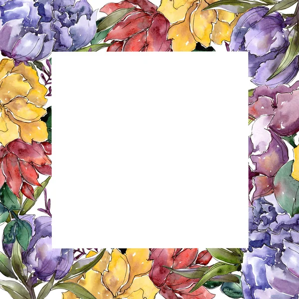 Buquê Colorido Floral Flor Botânica Quadro Borda Ornamento Quadrado Aquarelle — Fotografia de Stock