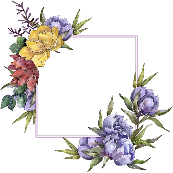 Πολύχρωμο Μπουκέτο Floral Βοτανικό Λουλούδι Πλατεία Στολίδι Περίγραμμα Πλαισίου Ακουαρέλα — Φωτογραφία Αρχείου