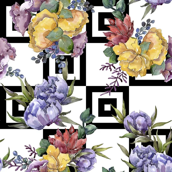 カラフルな花束 花植物の花 シームレスな背景パターン 壁紙印刷手触りの生地 テクスチャ ラッパー パターン フレームや境界線の Aquarelle ワイルドフラワー — ストック写真