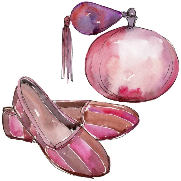 Shoes pink and perfume pink sketch fashion glamour illustration in a watercolor style isolated. Aquarelle fashion sketch for background, texture, wrapper pattern, frame or border.
