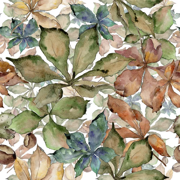 Kestane sonbahar yaprakları. Yaprak bitki botanik bahçe çiçek yaprakları. Sorunsuz arka plan deseni. Aquarelle yaprak için arka plan, doku, sarıcı desen, çerçeve veya kenarlık.