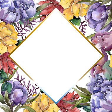Renkli buket. Botanik çiçek. Çerçeve kenarlığı süsleme Meydanı. Arka plan, doku, sarıcı desen, çerçeve veya kenarlık için Aquarelle kır çiçeği.