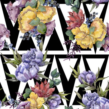 Renkli buket. Botanik çiçek. Sorunsuz arka plan deseni. Kumaş duvar kağıdı yazdırma doku. Arka plan, doku, sarıcı desen, çerçeve veya kenarlık için Aquarelle kır çiçeği.