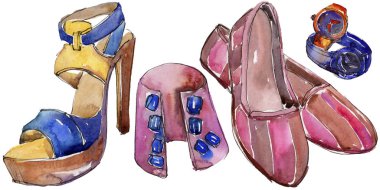 Ayakkabı ve aksesuar moda glamour illüstrasyon izole bir suluboya tarzında kroki. Aquarelle moda kroki için arka plan, doku, sarıcı desen, çerçeve veya kenarlık.