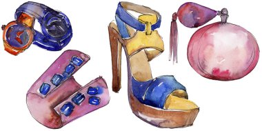 Moda Aksesuar moda glamour illüstrasyon izole bir suluboya tarzında kroki. Aquarelle moda kroki için arka plan, doku, sarıcı desen, çerçeve veya kenarlık.