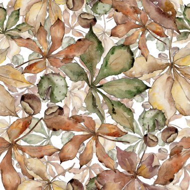 Kestane sonbahar yaprakları. Yaprak bitki botanik bahçe çiçek yaprakları. Sorunsuz arka plan deseni. Aquarelle yaprak için arka plan, doku, sarıcı desen, çerçeve veya kenarlık.