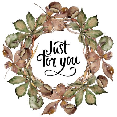 Kestane sonbahar yaprakları. Yaprak bitki botanik bahçe çiçek yaprakları. Çerçeve kenarlığı süsleme Meydanı. Aquarelle yaprak için arka plan, doku, sarıcı desen, çerçeve veya kenarlık.