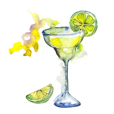 Margarita parti kokteyl içki bar. Alkol cam hazır, restoran menü resimde. Aquarelle kokteyl içki resimde arka plan, doku, sarıcı desen, çerçeve veya kenarlık için.