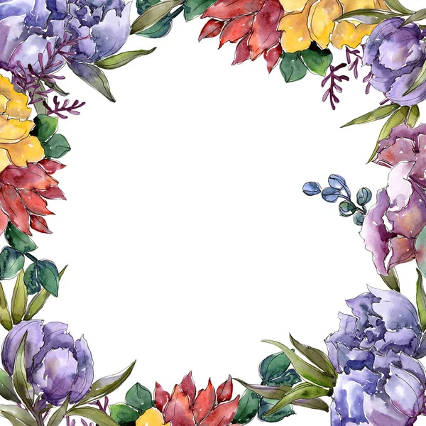 Buquê Colorido Floral Flor Botânica Quadro Borda Ornamento Quadrado Aquarelle — Fotografia de Stock