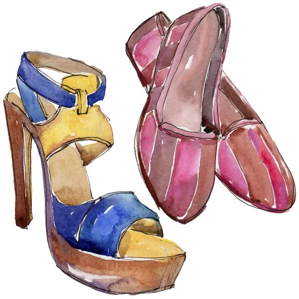 Shoes sketch fashion glamour illustration in a watercolor style isolated. Accessories set trendy vogue outfit. Aquarelle fashion sketch for background, texture, wrapper pattern, frame or border.