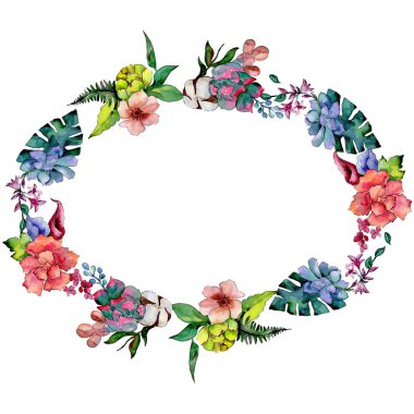 Tropikal buket çiçek. Botanik çiçek. Çerçeve kenarlığı süsleme Meydanı. Arka plan, doku, sarıcı desen, çerçeve veya kenarlık için Aquarelle kır çiçeği.