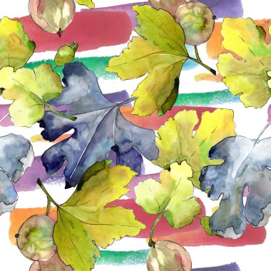 Bektaşi üzümü yaprak ve meyve suluboya tarzında. Sorunsuz arka plan deseni. Kumaş duvar kağıdı yazdırma doku. Aquarelle yaprak için arka plan, doku, sarıcı desen, çerçeve veya kenarlık.