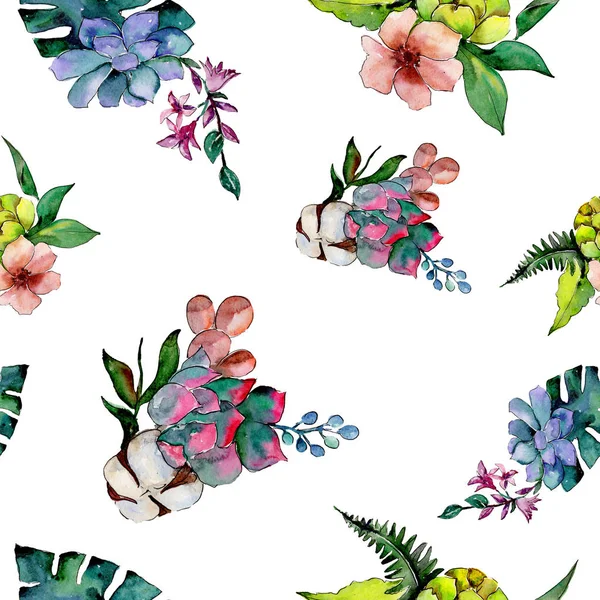 Tropical bouquet flower. Floral botanical flower. Seamless background pattern. Fabric wallpaper print texture. Aquarelle wildflower for background, texture, wrapper pattern, frame or border.