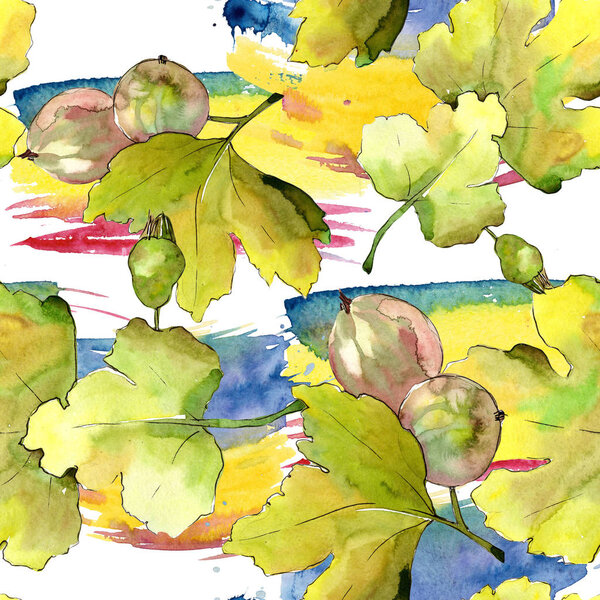 Gooseberry leaf and berry in a watercolor style. Seamless background pattern. Fabric wallpaper print texture. Aquarelle leaf for background, texture, wrapper pattern, frame or border.