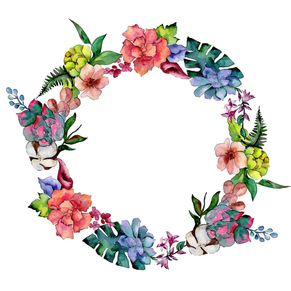 Flor de buquê tropical. Floral flor botânica. Quadro borda ornamento quadrado . — Fotografia de Stock