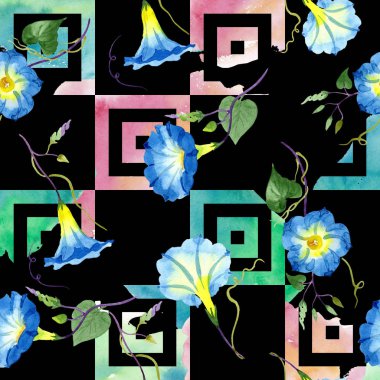 Ipomoea mavi. Botanik çiçek. Sorunsuz arka plan deseni. Kumaş duvar kağıdı yazdırma doku... Arka plan, doku, sarıcı desen, çerçeve veya kenarlık için Aquarelle kır çiçeği.