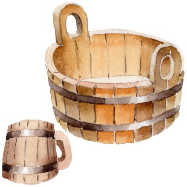 Ahşap kupa ve sauna ve spa aksesuarları şekil ahşap leğen kemiği. Gevşeme banyo sağlık seti Buhar. Isı su ve sağlıklı bir yaşam tarzı eğlence ekipmanları. 