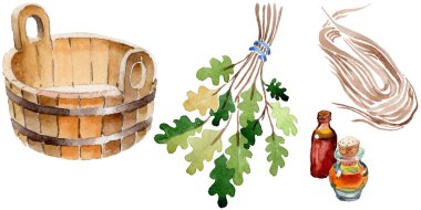 Sauna ve spa illüstrasyon aksesuarları. Gevşeme banyo sağlık seti Buhar. Isı su ve sağlıklı bir yaşam tarzı eğlence ekipmanları. 