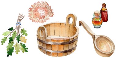 Sauna ve spa illüstrasyon aksesuarları. Gevşeme banyo sağlık seti Buhar. Isı su ve sağlıklı bir yaşam tarzı eğlence ekipmanları. 