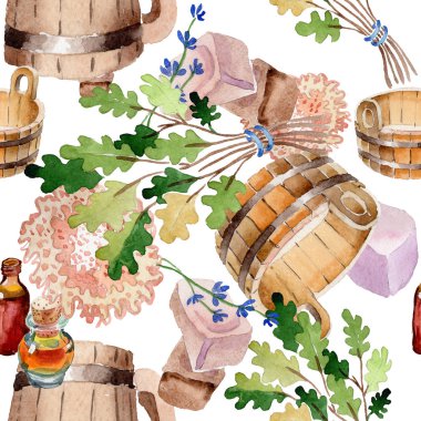 Sauna ve spa illüstrasyon aksesuarları. Sorunsuz arka plan deseni. Kumaş duvar kağıdı yazdırma doku. Gevşeme banyo sağlık seti Buhar. Isı su ve sağlıklı bir yaşam tarzı eğlence ekipmanları. 