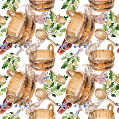 Sauna ve spa illüstrasyon aksesuarları. Sorunsuz arka plan deseni. Kumaş duvar kağıdı yazdırma doku. Gevşeme banyo sağlık seti Buhar. Isı su ve sağlıklı bir yaşam tarzı eğlence ekipmanları. 