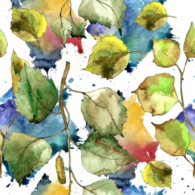 Yeşil huş ağacı yaprakları. Yaprak bitki botanik bahçe çiçek yaprakları. Sorunsuz arka plan deseni. Kumaş duvar kağıdı yazdırma doku. Aquarelle yaprak için arka plan, doku, sarıcı desen, çerçeve veya kenarlık.