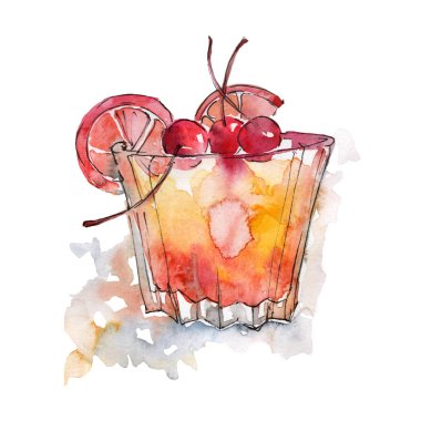 Long Island parti kokteyl içki bar. Gece kulübü izole simgesi kroki çizim. Aquarelle kokteyl içki resimde arka plan, doku, sarıcı desen, çerçeve veya kenarlık için.
