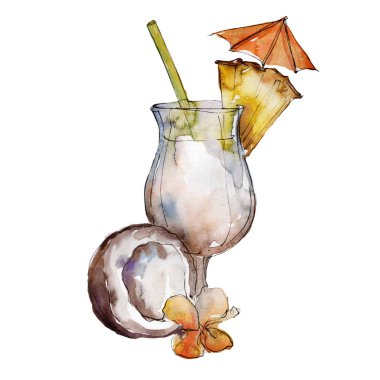 Pina colada parti kokteyl içki bar. Gece kulübü izole simgesi kroki çizim. Aquarelle kokteyl içki resimde arka plan, doku, sarıcı desen, çerçeve veya kenarlık için.