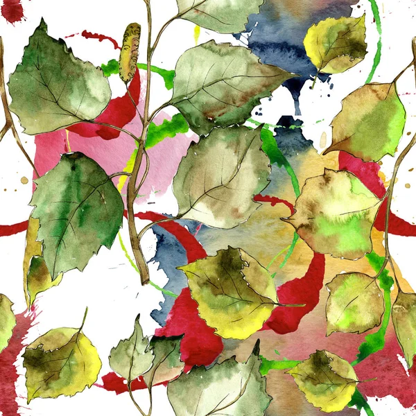 Green birch leaves. Leaf plant botanical garden floral foliage. Seamless background pattern. Fabric wallpaper print texture. Aquarelle leaf for background, texture, wrapper pattern, frame or border.