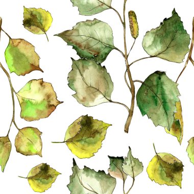 Yeşil huş ağacı yaprakları. Yaprak bitki botanik bahçe çiçek yaprakları. Sorunsuz arka plan deseni. Kumaş duvar kağıdı yazdırma doku. Aquarelle yaprak için arka plan, doku, sarıcı desen, çerçeve veya kenarlık.