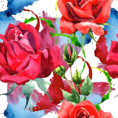 Kırmızı hibrid yükseldi. Botanik çiçek. Sorunsuz arka plan deseni. Kumaş duvar kağıdı yazdırma doku. Arka plan, doku, sarıcı desen, çerçeve veya kenarlık için Aquarelle kır çiçeği.