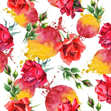 Kırmızı hibrid yükseldi. Botanik çiçek. Sorunsuz arka plan deseni. Kumaş duvar kağıdı yazdırma doku. Arka plan, doku, sarıcı desen, çerçeve veya kenarlık için Aquarelle kır çiçeği.