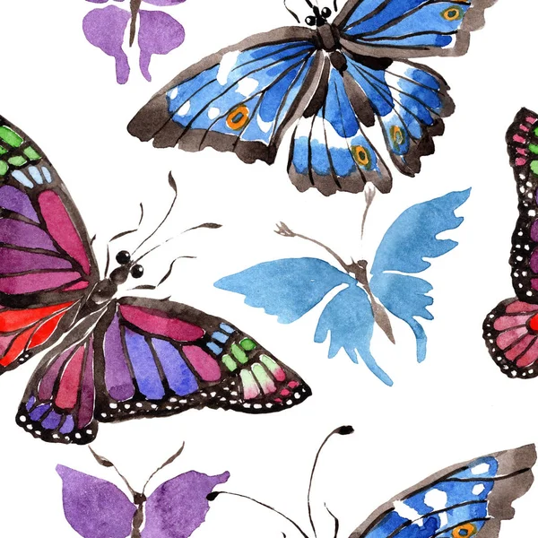 Mariposas Raras Insectos Salvajes Estilo Acuarela Patrón Fondo Sin Costuras —  Fotos de Stock