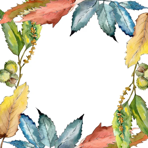 Sweet Chestnut Leaves Watercolor Style Frame Border Ornament Square Aquarelle — Stock Photo, Image