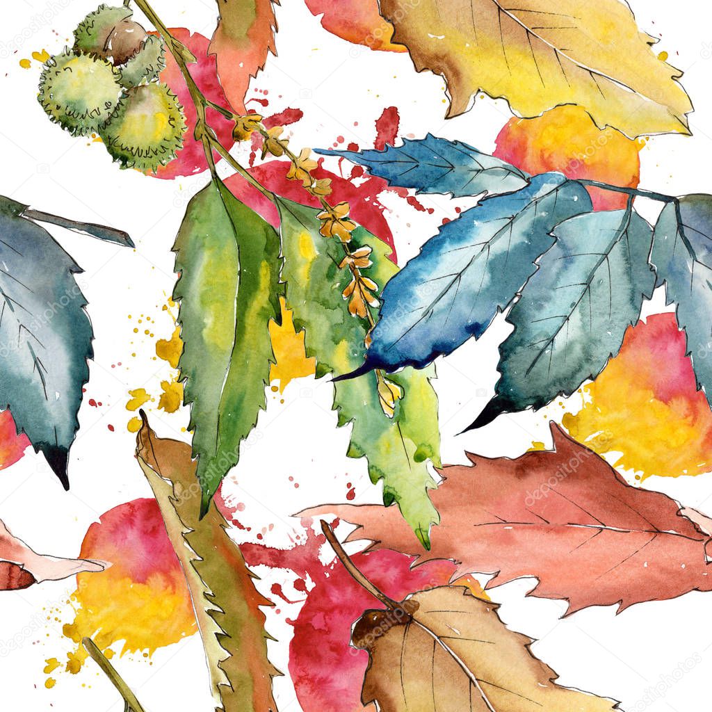 Sweet chestnut leaves in a watercolor style. Seamless background pattern. Fabric wallpaper print texture. Aquarelle leaf for background, texture, wrapper pattern, frame or border.