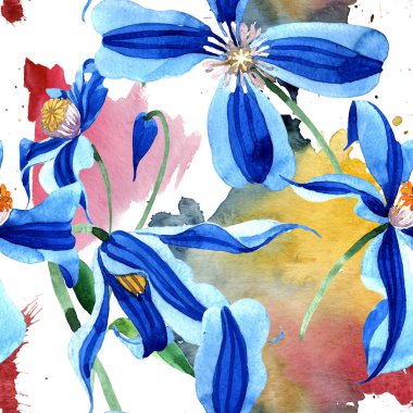 Mavi durandii akasma. Botanik çiçek. Sorunsuz arka plan deseni. Kumaş duvar kağıdı yazdırma doku. Arka plan, doku, sarıcı desen, çerçeve veya kenarlık için Aquarelle kır çiçeği.