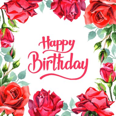 Kırmızı hibrid yükseldi. Botanik çiçek. Çerçeve kenarlığı süsleme Meydanı. Arka plan, doku, sarıcı desen, çerçeve veya kenarlık için Aquarelle kır çiçeği.