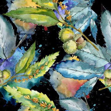 Tatlı kestane suluboya tarzında bırakır. Sorunsuz arka plan deseni. Kumaş duvar kağıdı yazdırma doku. Aquarelle yaprak için arka plan, doku, sarıcı desen, çerçeve veya kenarlık.