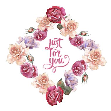 Renkli gül. Botanik çiçek. Çerçeve kenarlığı süsleme Meydanı. Arka plan, doku, sarıcı desen, çerçeve veya kenarlık için Aquarelle kır çiçeği.