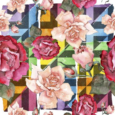 Renkli gül. Botanik çiçek. Sorunsuz arka plan deseni. Kumaş duvar kağıdı yazdırma doku. Arka plan, doku, sarıcı desen, çerçeve veya kenarlık için Aquarelle kır çiçeği.