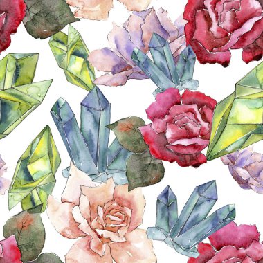 Renkli gül. Botanik çiçek. Sorunsuz arka plan deseni. Kumaş duvar kağıdı yazdırma doku. Arka plan, doku, sarıcı desen, çerçeve veya kenarlık için Aquarelle kır çiçeği.