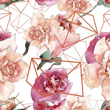 Renkli gül. Botanik çiçek. Sorunsuz arka plan deseni. Kumaş duvar kağıdı yazdırma doku. Arka plan, doku, sarıcı desen, çerçeve veya kenarlık için Aquarelle kır çiçeği.