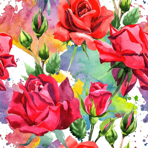 赤いハイブリッド ローズ 花植物の花 シームレスな背景パターン 壁紙印刷手触りの生地 テクスチャ ラッパー パターン フレームや境界線の Aquarelle — ストック写真