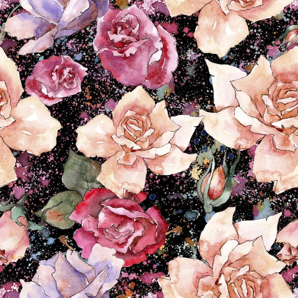 カラフルなバラ 花植物の花 シームレスな背景パターン 壁紙印刷手触りの生地 テクスチャ ラッパー パターン フレームや境界線の Aquarelle ワイルドフラワー — ストック写真