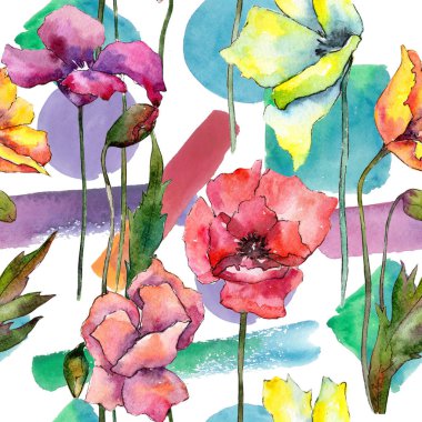 Renkli poppy. Botanik çiçek. Sorunsuz arka plan deseni. Kumaş duvar kağıdı yazdırma doku. Arka plan, doku, sarıcı desen, çerçeve veya kenarlık için Aquarelle kır çiçeği.