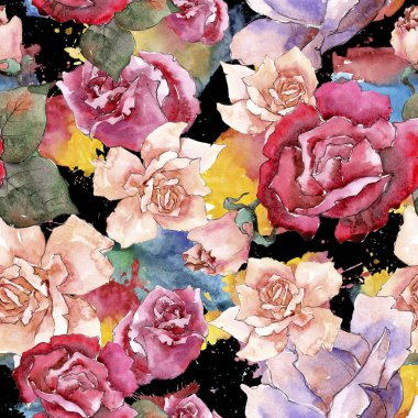 Renkli gül. Botanik çiçek. Sorunsuz arka plan deseni. Kumaş duvar kağıdı yazdırma doku. Arka plan, doku, sarıcı desen, çerçeve veya kenarlık için Aquarelle kır çiçeği.