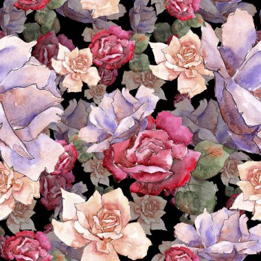 Renkli gül. Botanik çiçek. Sorunsuz arka plan deseni. Kumaş duvar kağıdı yazdırma doku. Arka plan, doku, sarıcı desen, çerçeve veya kenarlık için Aquarelle kır çiçeği.