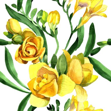 Renkli frezya. Botanik çiçek. Sorunsuz arka plan deseni. Kumaş duvar kağıdı yazdırma doku. Arka plan, doku, sarıcı desen, çerçeve veya kenarlık için Aquarelle kır çiçeği.