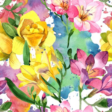 Renkli frezya. Botanik çiçek. Sorunsuz arka plan deseni. Kumaş duvar kağıdı yazdırma doku. Arka plan, doku, sarıcı desen, çerçeve veya kenarlık için Aquarelle kır çiçeği.